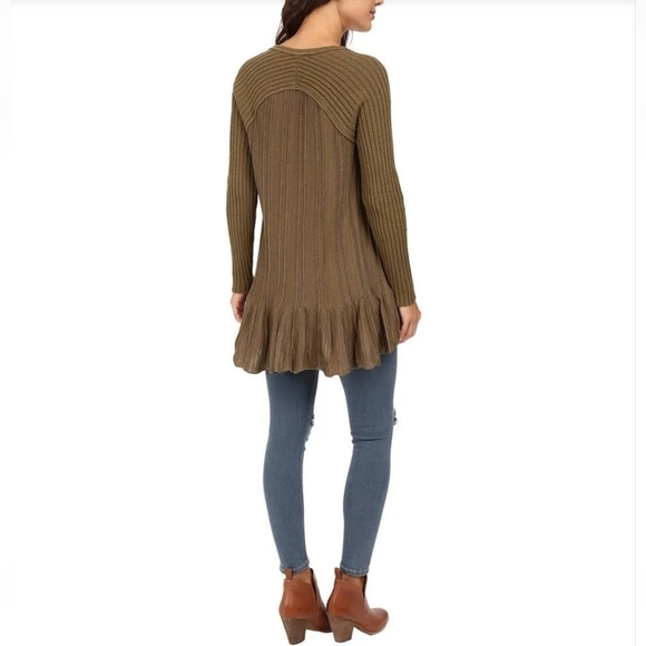 Free People Olive Green Rib & Ruffles Sweater Dress/Tunic Size Small - Picture 2 of 16